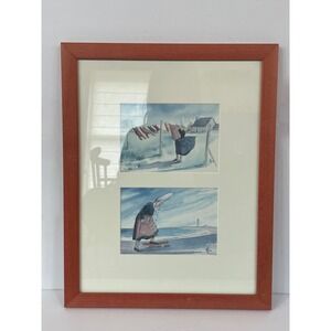 Framed Watercolor Prints Breton Woman Laundry & Skateboard French Art, Signed